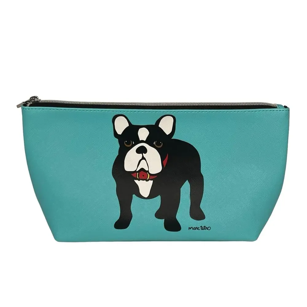 Marc Tetro French Bulldog Turquoise Blue Makeup Cosmetic Zippered Case Bag